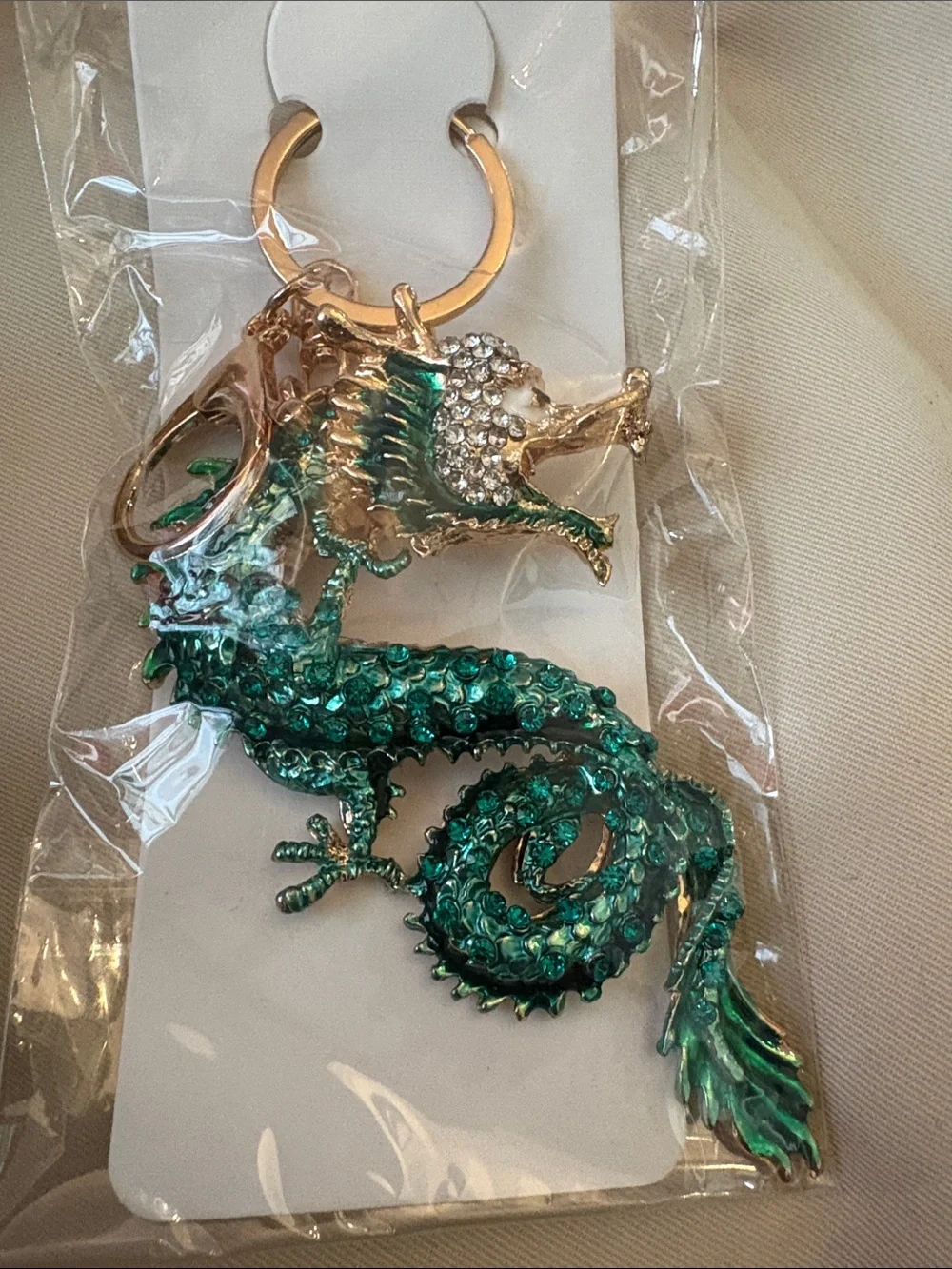 Emerald Dragon Crystal Keychain - Gold Hardware